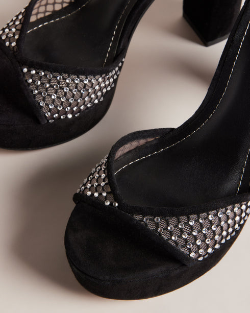 BEXINS-Sandals-Take your style to new heights with our stunning BEXINS heels. A crystal mesh strap adds plenty of glamour, while the buckle fastening ensures a secure and adjustable fit. Complete with a trendy block heel, these sandals not only provide added height but also offer stability and support for long nights of dancing. Platform sandals Crystal mesh strap Suede leather Open toe Buckle fastening Block heel Heel height: 10cm- Ted Baker Romania